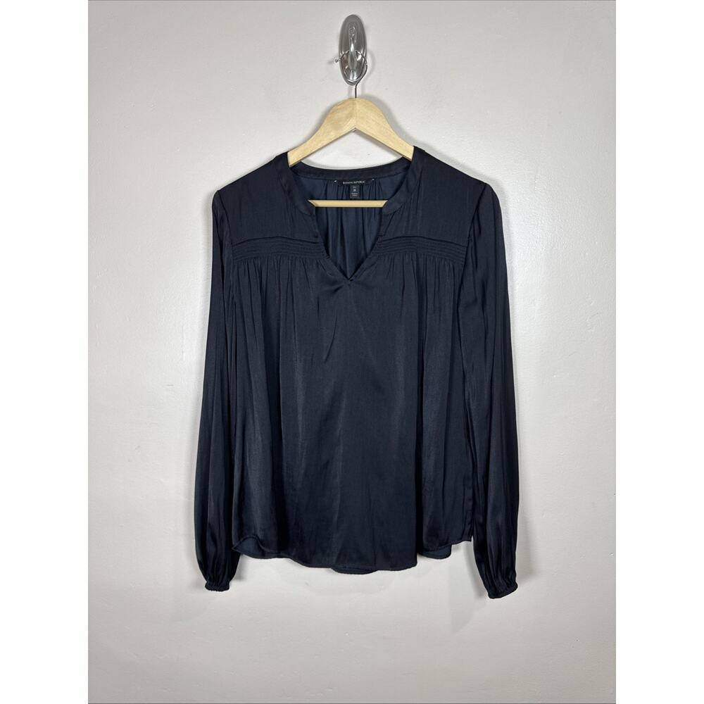 Banana Republic Womens Blouse M Tall Black Satin Peasant Career Office Business